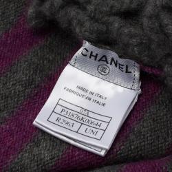 Pre Owned Chanel Purple and Grey Striped Knit Flower Fringe 100% Cashmere Shawl Scarf