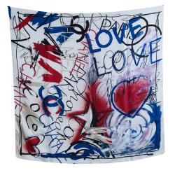 Pre Owned وشاح شانيل نقش نقوش لوف هارت متعددة الألوان حرير أبيض مربع