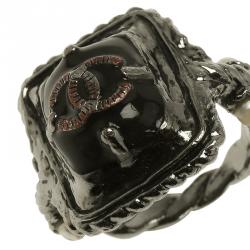 Pre Owned Chanel CC Black Lacquer Silver Tone Ring Size 52