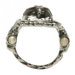 Pre Owned Chanel CC Black Lacquer Silver Tone Ring Size 52