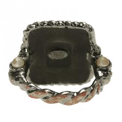 Pre Owned Chanel CC Black Lacquer Silver Tone Ring Size 52