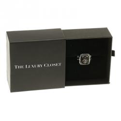 Pre Owned Chanel CC Black Lacquer Silver Tone Ring Size 52