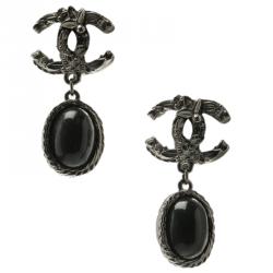 Pre Owned Chanel CC Black Cabochon Grey Tone Clip-on Drop Earrings