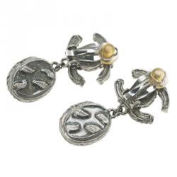 Pre Owned Chanel CC Black Cabochon Grey Tone Clip-on Drop Earrings