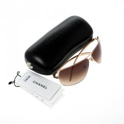 مملوكة مسبقًا Chanel Brown/Gold 4141-Q Metal Frame and Leather Aviator Sunglasses