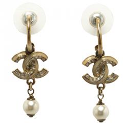 Pre Owned Chanel CC Faux Pearl & Crystal Gold Tone Drop Earrings