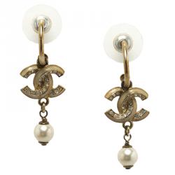 Pre Owned Chanel CC Faux Pearl & Crystal Gold Tone Drop Earrings