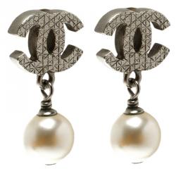 Chanel CC Medium Faux Pearl Silver Tone Drop Earrings