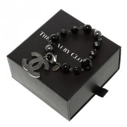 Pre Owned Chanel CC Black Beads Silver Tone Charm Bracelet 19cm