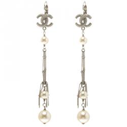 Pre Owned Chanel CC Faux Pearl Silver Tone Long Earrings