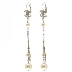 Pre Owned Chanel CC Faux Pearl Silver Tone Long Earrings