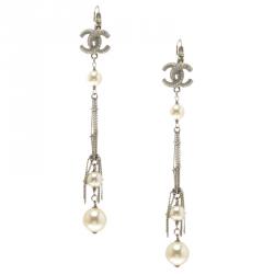 Pre Owned Chanel CC Faux Pearl Silver Tone Long Earrings