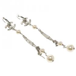 Pre Owned Chanel CC Faux Pearl Silver Tone Long Earrings