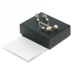 Pre Owned Chanel CC Faux Pearl Silver Tone Long Earrings