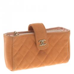 Pre Owned Chanel Peach Quilted Caviar Leather iPhone Pouch