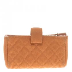 Pre Owned Chanel Peach Quilted Caviar Leather iPhone Pouch