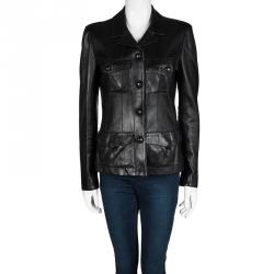 Pre Owned Chanel Black Lambskin Leather Button Front Jacket M