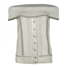 Pre Owned توب شانيل أوف شولدر تريكو رصاصي ميتاليك سلاسل M