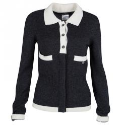 Chanel Grey Cashmere Contrast Trim Collared Cardigan S