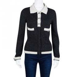 Chanel Grey Cashmere Contrast Trim Collared Cardigan S