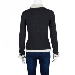 Chanel Grey Cashmere Contrast Trim Collared Cardigan S