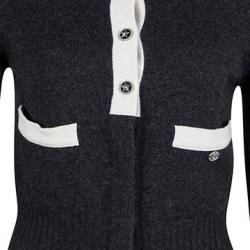 Chanel Grey Cashmere Contrast Trim Collared Cardigan S