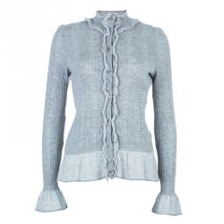 Pre Owned Chanel Gray Ruffled Cardigan M