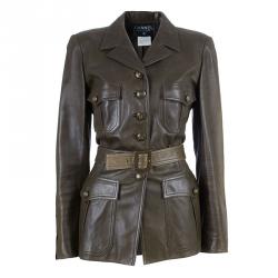Pre Owned Chanel Brown Millitary Leather Jacket L