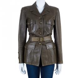 Pre Owned Chanel Brown Millitary Leather Jacket L