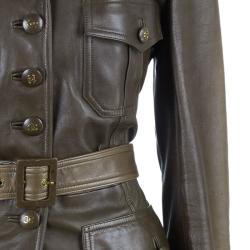 Pre Owned Chanel Brown Millitary Leather Jacket L