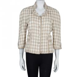 Pre Owned Chanel Beige and Cream Houndstooth Jacket L