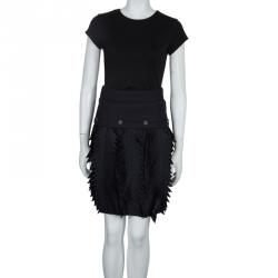 Pre Owned Chanel Navy Blue Pin Striped Triangular Applique Detail High Waist Skirt M