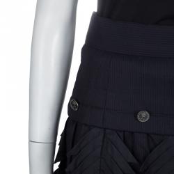 Pre Owned Chanel Navy Blue Pin Striped Triangular Applique Detail High Waist Skirt M