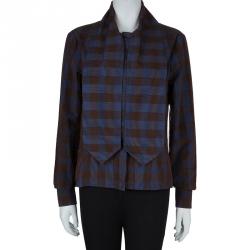 Pre Owned Chanel Brown and Blue Checked Cordurory Neck Tie Detail Long Sleeve Shirt M