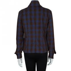 Pre Owned Chanel Brown and Blue Checked Cordurory Neck Tie Detail Long Sleeve Shirt M