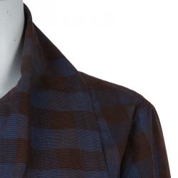 Pre Owned Chanel Brown and Blue Checked Cordurory Neck Tie Detail Long Sleeve Shirt M