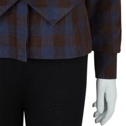 Pre Owned Chanel Brown and Blue Checked Cordurory Neck Tie Detail Long Sleeve Shirt M