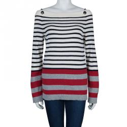 Pre Owned Chanel Multicolor Striped Off-Shoulder Cashmere Sweater M