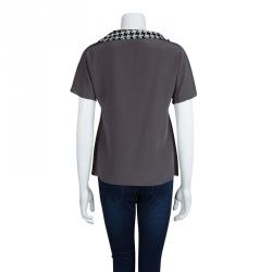 مملوكة مسبقًا Chanel Grey Silk Houndstooth Collar Detail Short Sleeve Blouse M