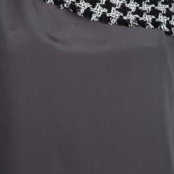 مملوكة مسبقًا Chanel Grey Silk Houndstooth Collar Detail Short Sleeve Blouse M