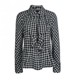 Pre Owned Chanel Monochrome Houndstooth Ruffle Detail Textured Jacket L