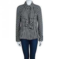 Pre Owned Chanel Monochrome Houndstooth Ruffle Detail Textured Jacket L
