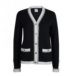 Pre Owned Chanel Black Contrast Trim Cashmere Cardigan M
