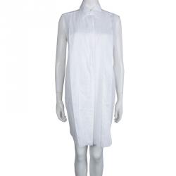 Chanel White Cotton Sleeveless Pleat Detail Shirt Dress M