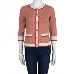 Chanel Orange and Cream Button Front Cashmere Cardigan S