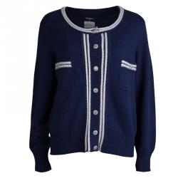 Chanel Navy Blue Cashmere Button Front Cardigan XL Chanel