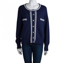 Pre Owned Chanel Navy Blue Cashmere Button Front Cardigan XL