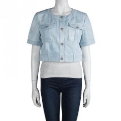Pre Owned Chanel Indigo Light Wash Denim Cropped Short Sleeve Jacket L