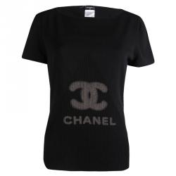 Pre Owned Chanel Black Rib Knit Logo Print Top L
