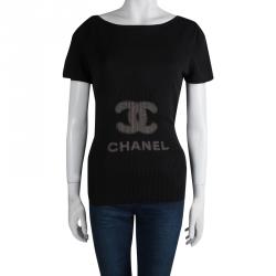 Pre Owned Chanel Black Rib Knit Logo Print Top L